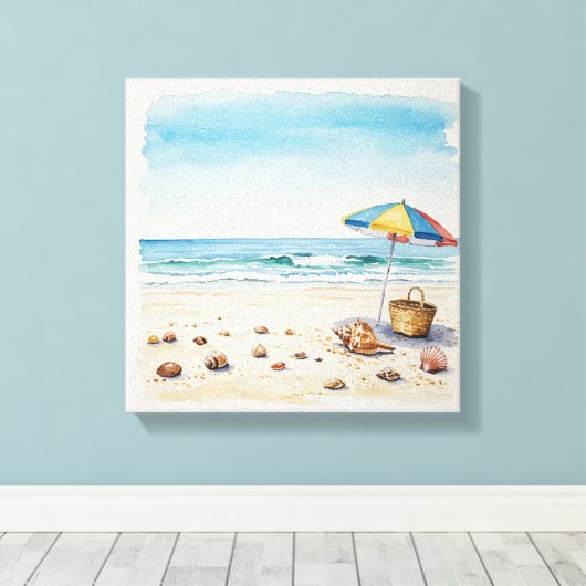 Seaside Serenity: Waterverf Beach Bliss Canvas Afdruk (Insitu (Houten vloer))