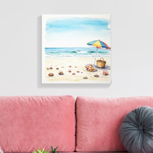 Seaside Serenity: Waterverf Beach Bliss Canvas Afdruk (Insitu (Woonkamer))