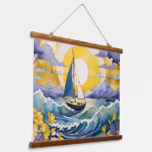 Seaside Serenity Zeilboot Golven en Bloemen Hangend Wandkleed (Gebogen)