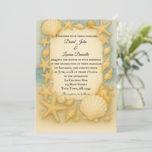 Seaside Shells foto bruiloft uitnodiging (Staand voorkant)