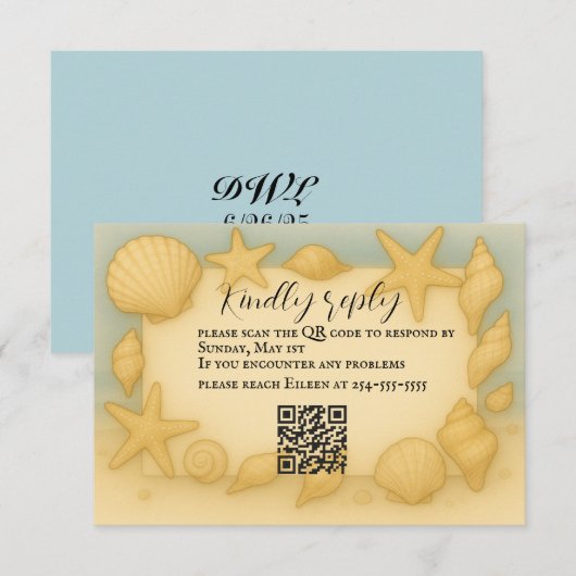 Seaside Shells QR Code RSVP Card Kaartje (Voorkant / Achterkant)