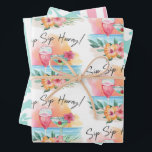 Seaside Sippin' | Tropisch strand Hibiscus Hooray Inpakpapier Vel<br><div class="desc">Papier voor het verpakken van tropische thema's zijn voorzien van een waterverf strandzonsonderstel met cocktails, bloemen en palmbladeren met een titel "Sip Sip Hooray" op blad 1. Het tweede vel bevat een patroon van witte hibiscus-bloemen met een aquablauwe achtergrond en het derde vel bevat een stripe patroon in koraal, blauw,...</div>
