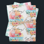Seaside Sippin' | Tropisch strand Hibiscus Hooray Inpakpapier Vel<br><div class="desc">Papier voor het verpakken van tropische thema's zijn voorzien van een waterverf strandzonsonderstel met cocktails, bloemen en palmbladeren met een titel "Sip Sip Hooray" op blad 1. Het tweede vel bevat een patroon van witte hibiscus-bloemen met een aquablauwe achtergrond en het derde vel bevat een stripe patroon in koraal, blauw,...</div>