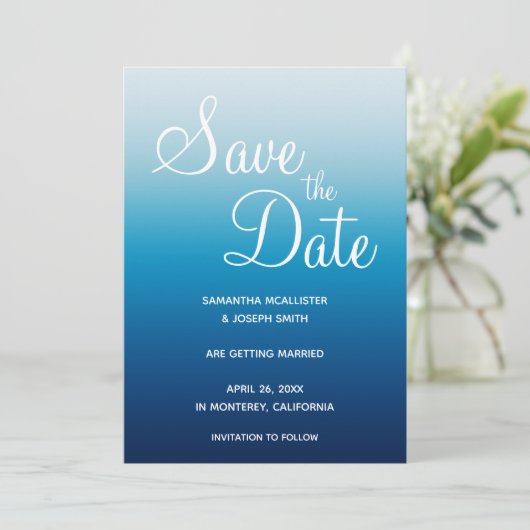 Seaside Sky en Ocean Blue Gradient Save The Date (Staand voorkant)