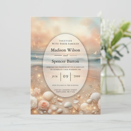 Seaside Sparkle en Sunset Dreams Trouwen Kaart (Staand voorkant)