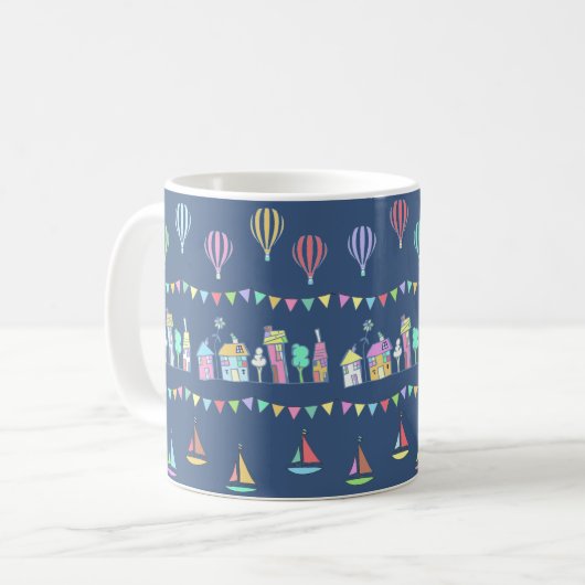 Seaside Town Sail Boats and Bunting Blue Koffiemok (Voorkant links)