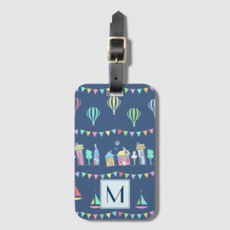 Seaside Town Sail Boats and Bunting Monogram Bagagelabel