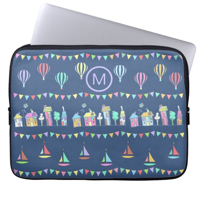 Seaside Town Sail Boats and Bunting Monogram Laptop Sleeve (Voorkant)