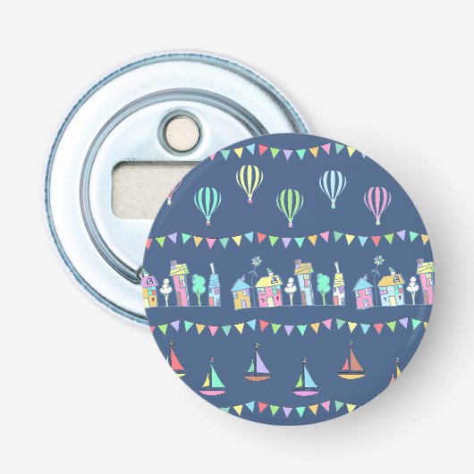 Seaside Town Sail Boats and Bunting Pattern Blue Button Flesopener (Voorkant)