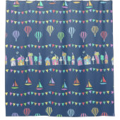 Seaside Town Sail Boats and Bunting Pattern Blue Douchegordijn (Voorkant)