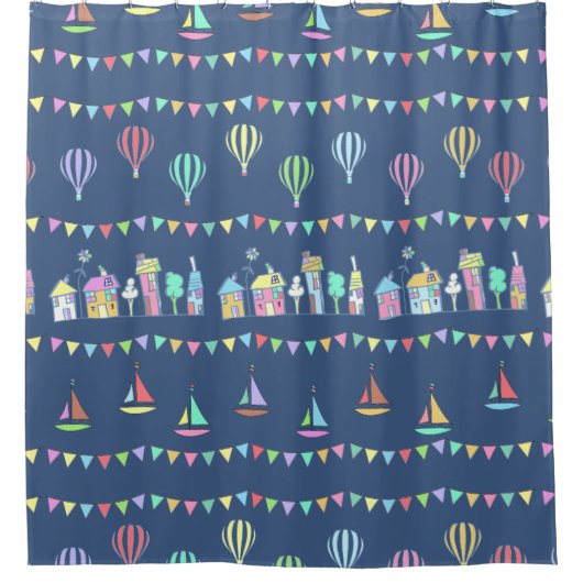 Seaside Town Sail Boats and Bunting Pattern Blue Douchegordijn (Voorkant)