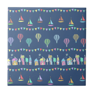 Seaside Town Sail Boats and Bunting Pattern Blue Tegeltje