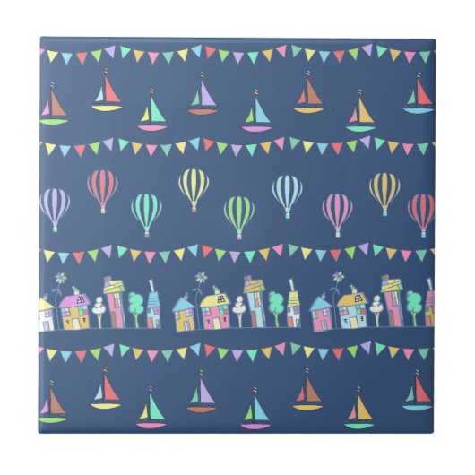 Seaside Town Sail Boats and Bunting Pattern Blue Tegeltje (Voorkant)