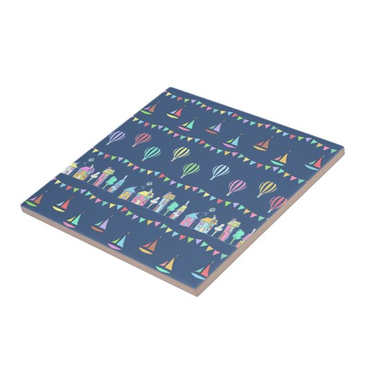 Seaside Town Sail Boats and Bunting Pattern Blue Tegeltje (Zijkant)