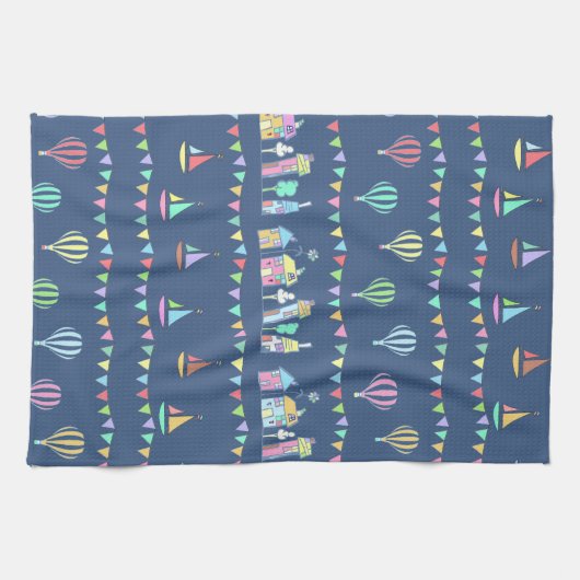 Seaside Town Sail Boats and Bunting Pattern Blue Theedoek (Horizontaal)