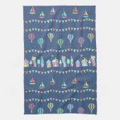 Seaside Town Sail Boats and Bunting Pattern Blue Theedoek (Verticaal)