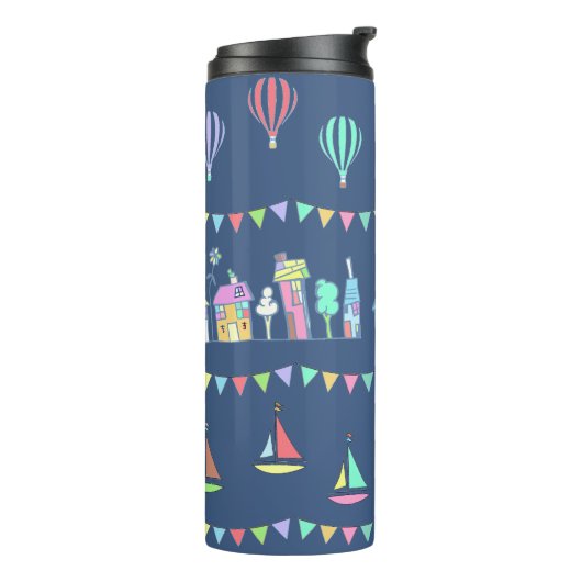 Seaside Town Sail Boats and Bunting Pattern Blue Thermosbeker (Gedraaid links)