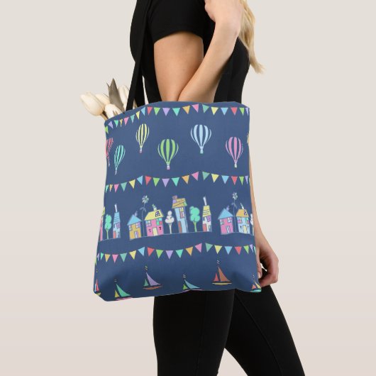 Seaside Town Sail Boats and Bunting Pattern Blue Tote Bag (Dichtbij)