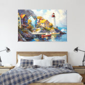 Seaside Village met kleurrijke huizen en vuurtoren Canvas Afdruk (Insitu (Slaapkamer))