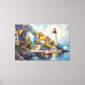 Seaside Village met kleurrijke huizen en vuurtoren Canvas Afdruk (Voorkant)