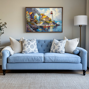 Seaside Village met kleurrijke huizen en vuurtoren Canvas Afdruk