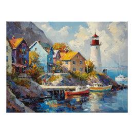 Seaside Village met kleurrijke huizen en vuurtoren Perfect Poster