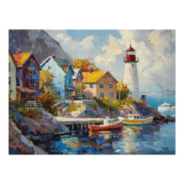 Seaside Village met kleurrijke huizen en vuurtoren Perfect Poster