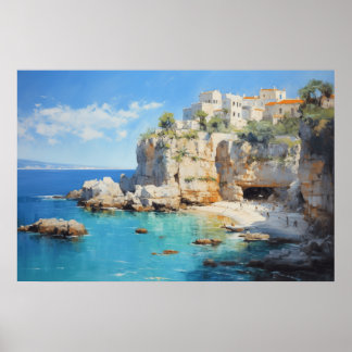 Seaside Village op de Cliffs Oil Painting Poster