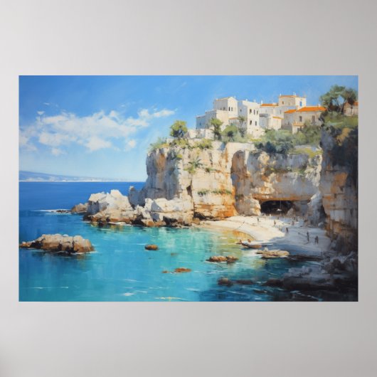 Seaside Village op de Cliffs Oil Painting Poster (Voorkant)