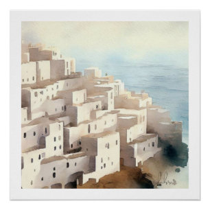 SEASIDE VILLAGE OUDE WERELD ARCHITECTUUR WATERVERF PERFECT POSTER