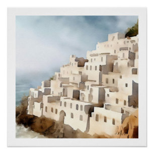 SEASIDE VILLAGE OUDE WERELD ARCHITECTUUR WATERVERF PERFECT POSTER
