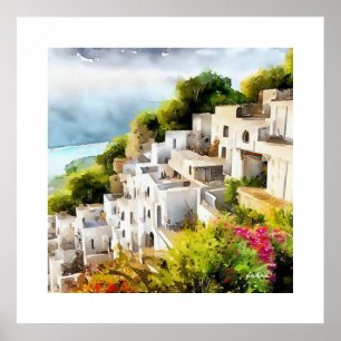 SEASIDE VILLAGE OUDE WERELD ARCHITECTUUR WATERVERF POSTER