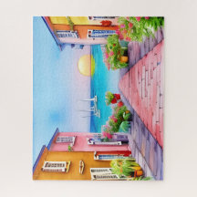 Seaside Village Sunset Watercolor