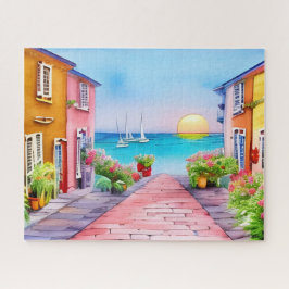 Seaside Village Sunset Watercolor Legpuzzel