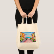 Seaside Village Sunset Watercolor