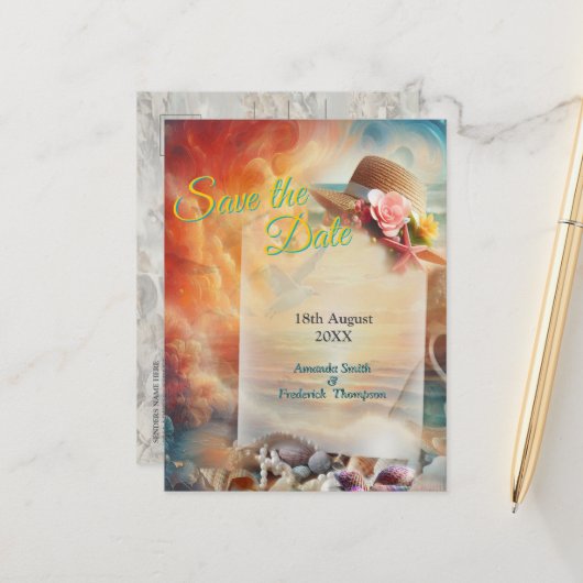 Seaside Wedding Feesten op het strand Aankondigingskaart (Voorkant / Achterkant in situ)