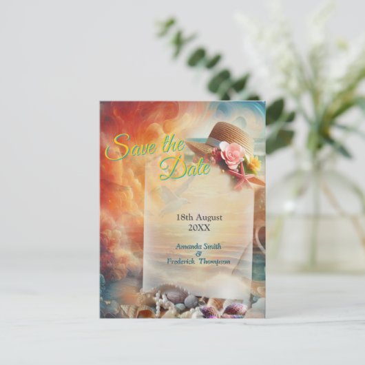 Seaside Wedding Feesten op het strand Aankondigingskaart (Staand voorkant)