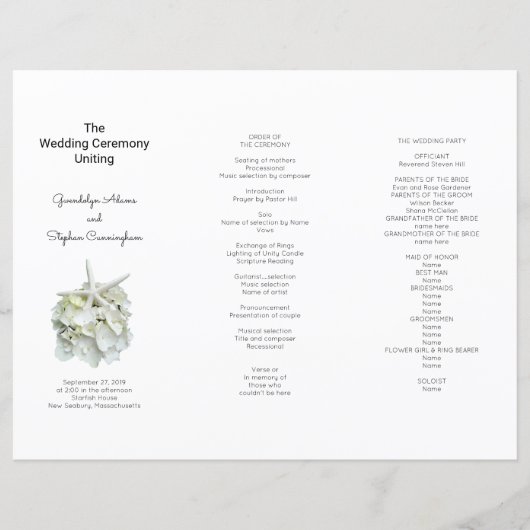 Seaside White Hydrangea n Starfish Wedding Program (Voorkant)