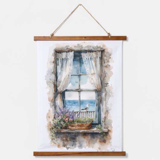 Seaside Window View Watercolor Coastal Scene Hangend Wandkleed (Voorkant)
