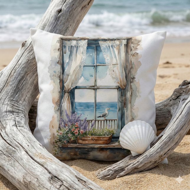 Seaside Window View Watercolor Coastal Scene Kussen (Seaside Window View Watercolor Coastal Scene Throw Pillow Mockup C)