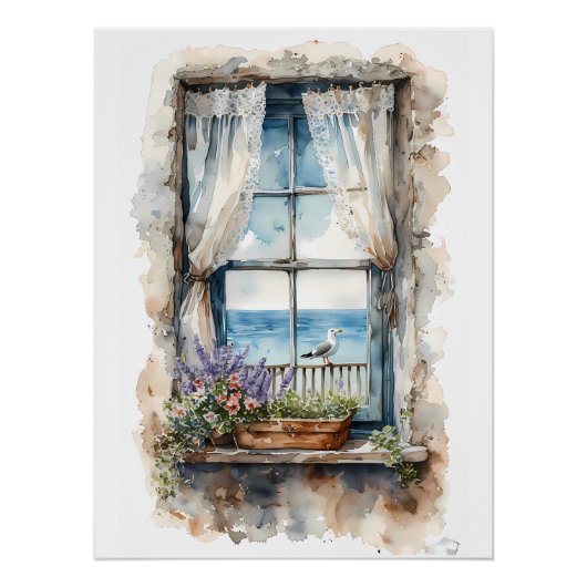 Seaside Window View Watercolor Coastal Scene Perfect Poster (Voorkant)
