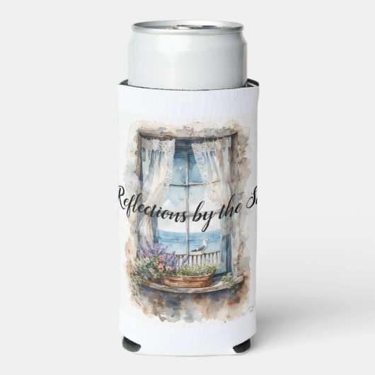 Seaside Window View Watercolor Coastal Scene Seltzer Blikjeskoeler (Seltzer Voorkant)