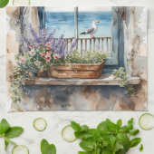 Seaside Window View Watercolor Coastal Scene Theedoek (Gevouwen)