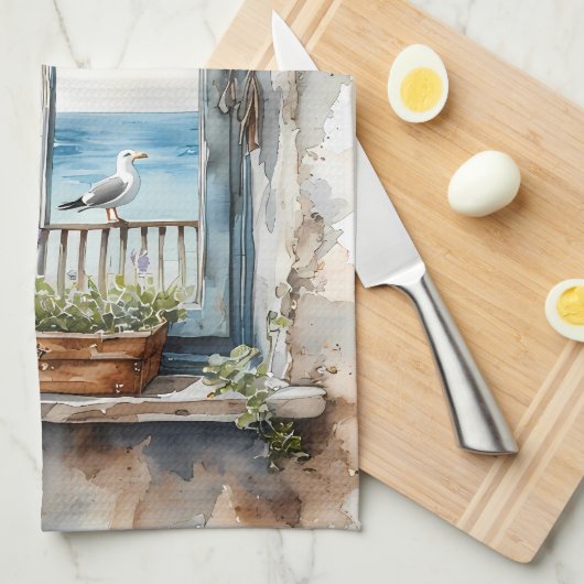 Seaside Window View Watercolor Coastal Scene Theedoek (Quarter Fold)