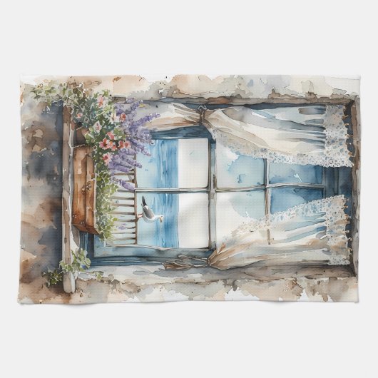 Seaside Window View Watercolor Coastal Scene Theedoek (Horizontaal)