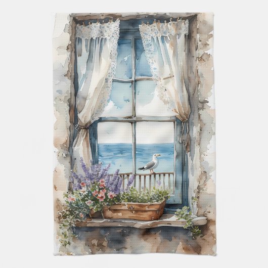 Seaside Window View Watercolor Coastal Scene Theedoek (Verticaal)
