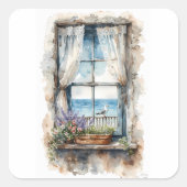 Seaside Window View Watercolor Coastal Scene Vierkante Sticker (Voorkant)