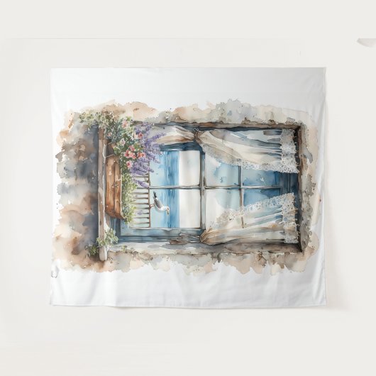 Seaside Window View Watercolor Coastal Scene Wandkleed (Voorkant (horizontaal))