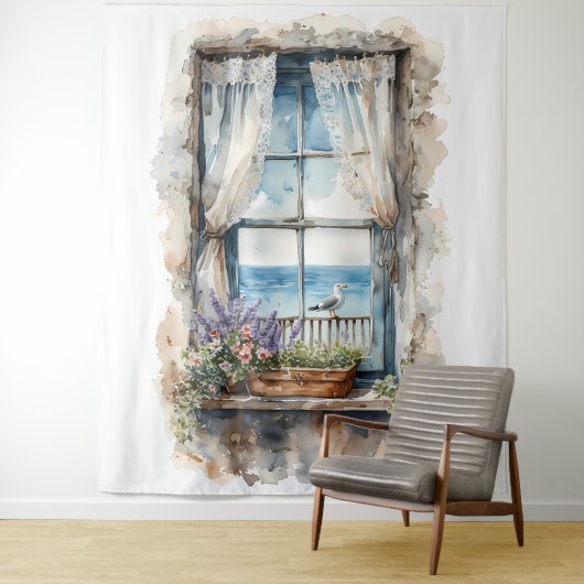 Seaside Window View Watercolor Coastal Scene Wandkleed (In situ)