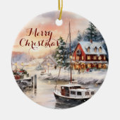 Seaside Winter Town Waterverf Kerstkunst Keramisch Ornament (Voorkant)